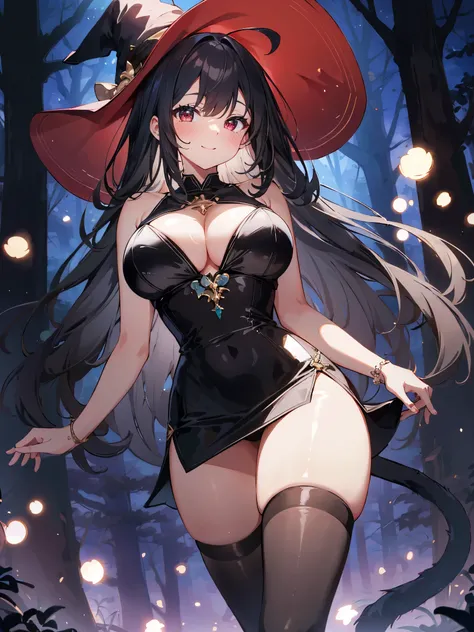 high quality, super detailed, 最high quality, Extremely detailed, beautiful, masterpiece, 1 girl, alone, figure, night forest, particle light, cowboy shot, looking at the viewer, red eyes, long hair, bangs, black hair, witch, witch hat, bodycon dress, cat t...