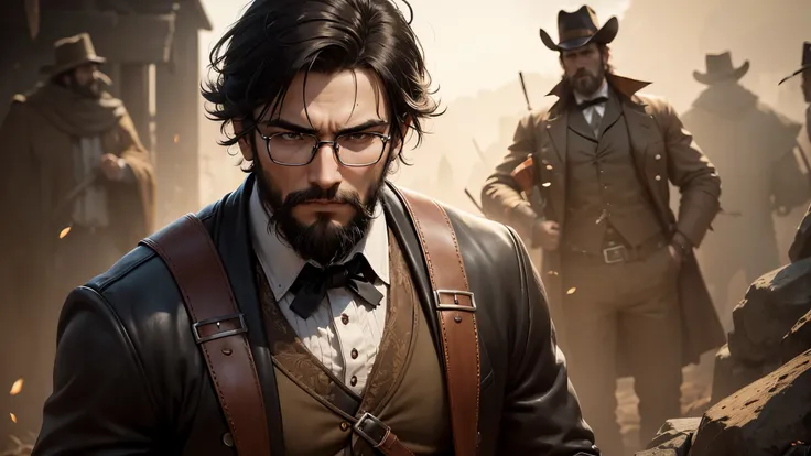 hunt showdown, Man with short beard and glasses wearing a western outfit, Short black hair. 1866, old-west style, holding a winchester