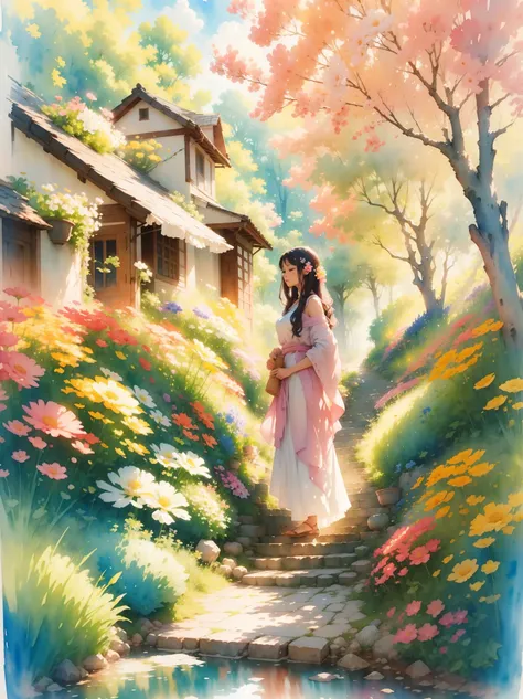 watercolor art, In this ethereal scenery, Dreams and reality are intertwined. The air is filled with the intoxicating fragrance of flowers, Exquisite perfume symphony. Flowers seem to release the soul, Their essence blends with the fragrant breeze that car...