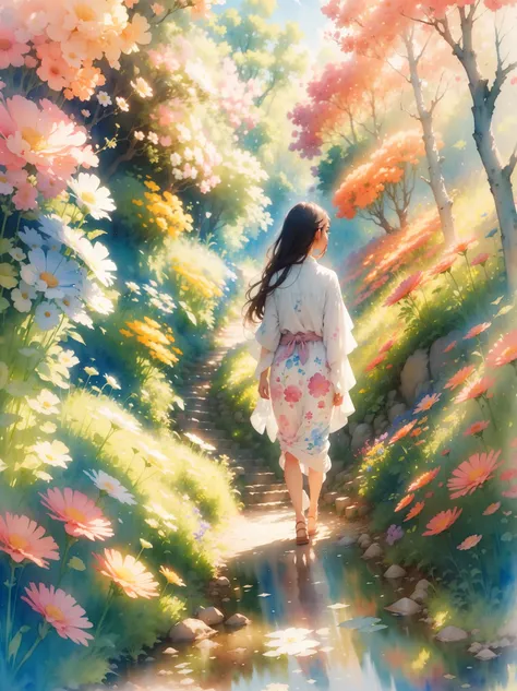 watercolor art, In this ethereal scenery, Dreams and reality are intertwined. The air is filled with the intoxicating fragrance of flowers, Exquisite perfume symphony. Flowers seem to release the soul, Their essence blends with the fragrant breeze that car...