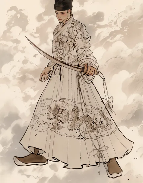 Drawing of a man in a long skirt holding a sword, clean lines, detailed whole body concept, Line art illustration, Official character illustrations, clear clothing design, bold lines, Very detailed lines, extremely detailed lines, whole body concept, hyper...