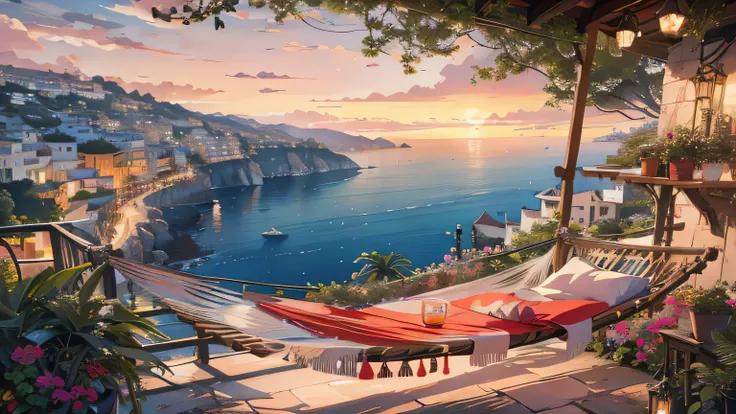 Photo of a hammock on a balcony overlooking the bay, Beautiful art UHD 4K, relaxing concept art, mediterranean view, unreal engine ; romantic theme, 4K high definition digital art, 8K high quality detailed art, romantic paintings, dream scenery art, beauti...