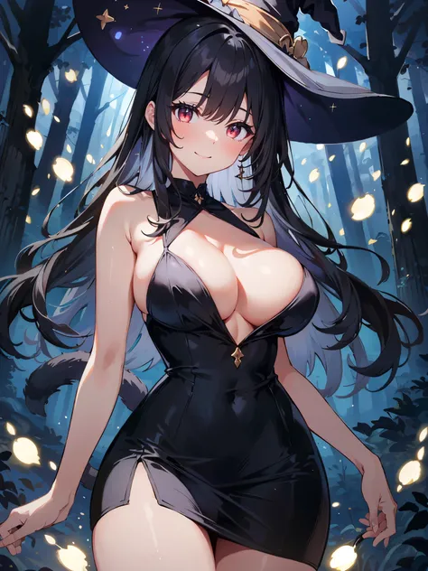 high quality, ultra detailed, best quality, insanely detailed, beautiful, masterpiece, 1girl, solo, illustration, night forest, particle lights, cowboy shot, looking at viewer, red eyes, long hair, bangs, black hair, witch, witch hat, bodycon dress, cat ta...