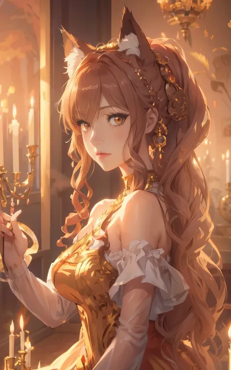 anime fox girl with long hair and a cat ears holding a candle, detailed digital anime art, beautiful anime portrait, anime goddess, portrait knights of zodiac girl, 8k high quality detailed art, guweiz, beautiful anime girl, cushart krenz key art feminine,...