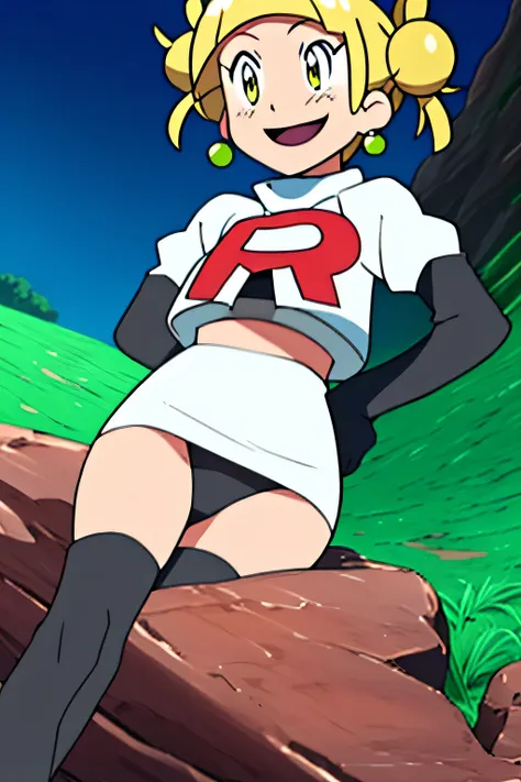 TogaHimiko_NDV, 1girl, yellow eyes, blonde hair, short hair, double bun, hair bun, messy hair, ,earrings, glossy lips,view of the valley, with grass, team rocket uniform, red letter r, white skirt,white crop top,black thigh-high boots, black elbow gloves, ...