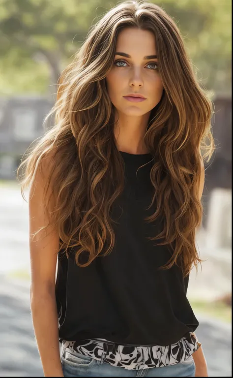 um close de uma mulher com cabelos longos e uma blusa preta, long flowing brown hair, cabelo moreno longo e ondulado, cabelo mor...