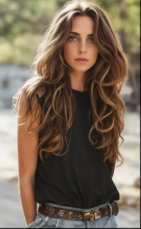 um close de uma mulher com cabelos longos e uma blusa preta, long flowing brown hair, cabelo moreno longo e ondulado, cabelo mor...