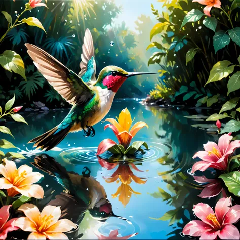 ((soft_color_painting:)1.5), ((soft_color_tones):1.4), ((crystal clear water reflection background):1.3), ((soft color exotic hu...