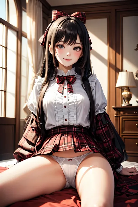 very cute and beautiful girl,(highly detailed beautiful face),(smile),blush,looking at viewer,
white blouse with detailed frills,long sleeve BREAK sitting on white bed sheet,spread legs,(white panties),
hair ribbon,black hair,(scarlet plaid mini skirt)
 BR...