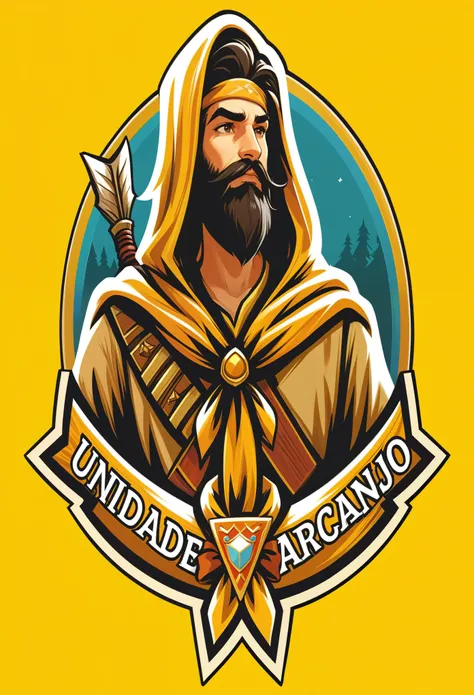 a man with a beard and a bow in his hand, by Cesar Andrade Faini, por Luis Miranda, avatar de personagem de RPG, Direction: Federico Uribe, game logo, projeto de remendo, por Victor Adam Minguez, arte em estilo alejandro burdiso, shoulder projeto de remend...