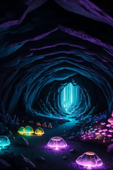 an underground cave with crystals and glowing fungi