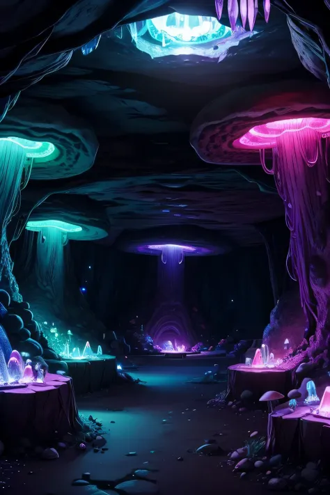 an underground cave with crystals and glowing fungi