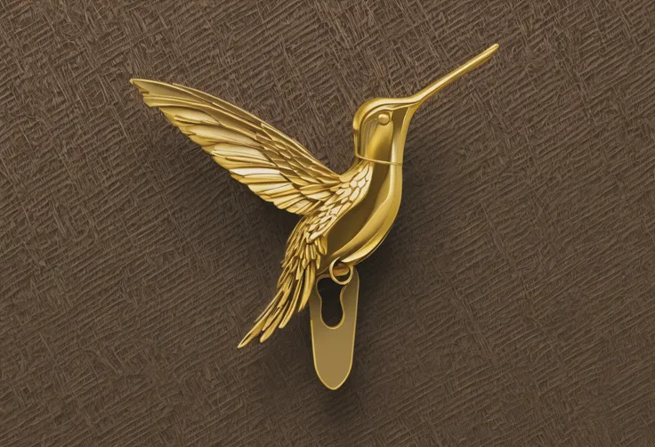 (best quality,ultra-detailed),(realistic:1.37), abstract hummingbird in a logo style, clothespin, made of gold-plated metal, raw, in the style of "hunger games", dynamic composition, feather texture, glossy finish,