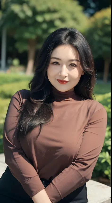 ((top quality、8k、masterpiece:1.3))、sharp focus, High level of image quality, high resolution，,brown shirt，black tie，black jeans，37-year-old woman with long wavy hair，Mature，charming smile，Draw lips correctly, red lipstick，stand，Slightly fat，Big breasts，gar...