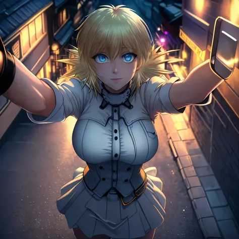 (taking selfies, overhead view: 1.4), (straight half of the torso: 1.4), Portrait photo of a 24-year-old blonde in RAW UHD format (Blue-eyed woman) Walk down the dark alley, large breasts,, night city, (upskirt), (cutout), Details (textures! , Hair! , glis...