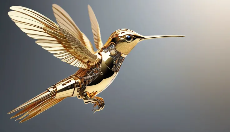 (best quality,ultra-detailed),(realistic:1.37), abstract, mechanical hummingbird, made of gold-plated metal, visible mechanical parts, very smal, flies over the hand of man, , dynamic composition, feather texture, glossy finish, full shot, imersive backgro...