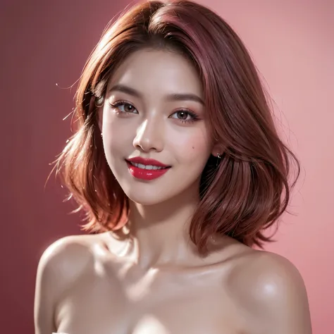 best quality, masterpiece, ultra high resolution, lifelike, original photo, unified 8k wallpaper,(red lips:1.3),(pink eyeshadow:1.3),open lips,,(smile:1.1), Bronzed skin