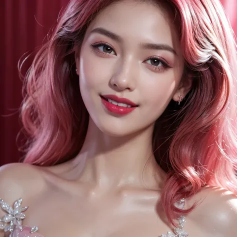 best quality, masterpiece, ultra high resolution, lifelike, original photo, unified 8k wallpaper,(red lips:1.3),(pink eyeshadow:1.3),open lips,,(smile:1.1), Bronzed skin