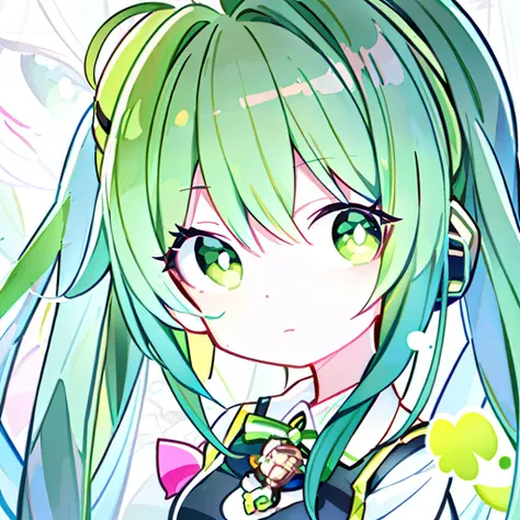 a close up of a cartoon girl with green hair and a green vest, anime moe art style, flat anime style shading, 2d anime style, iw...