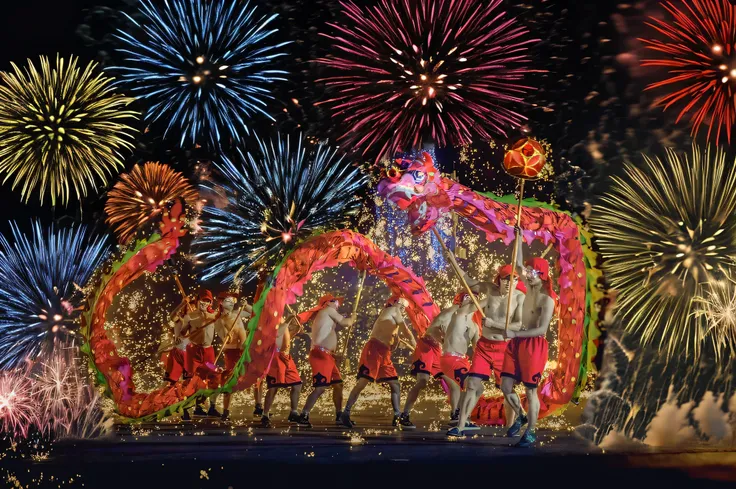 Colorful fireworks splash，rotate，The air is filled with dark blue smoke