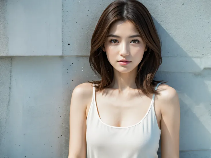 highest quality, 8k, 32K, perfect body, super detailed face, , fine eyes,Japanese,1 person,Beauty,Stylish and simple concrete architecture background,Model Posing,whole body,medium hair