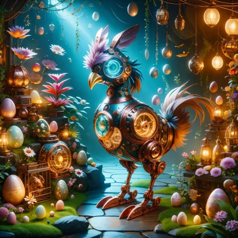 A cute mechanical Rooster,Its body is made of exquisite copper and silver parts。Its eyes are like two glowing gems,transparent,Under the illumination of neon lights,Create a sparkling effect together with high-precision mechanical components。Surrounded by ...