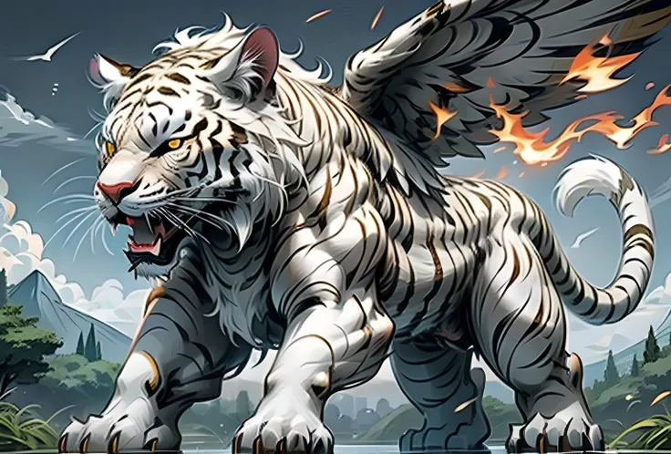 there is a white tiger with wings flying over the water, tiger of fire flying, 4k highly detailed digital art, tiger_beast, fier...