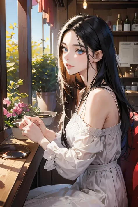 (table top, digital art, digital illustration, 4k, 8k, Super detailed, beautiful images, clear image, realistic, RAW photo, perfect face, perfect lines, perfect eyes, soft lighting) ,1 female, (long black hair,straight hair,bullish look,Beautiful woman,sma...