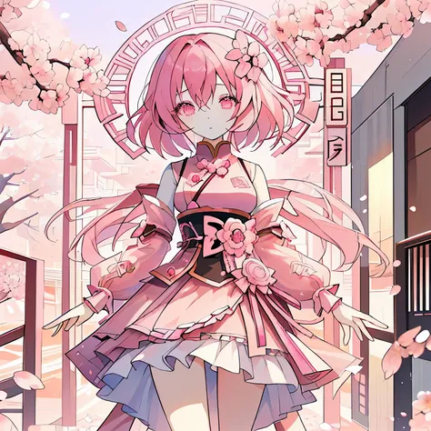 masterpiece, whole body, 1 girl, alone, Are standing, shades of pink, manga style, pink cherry blossoms nearby,14, pink hair, idol costume、urban background、looking at the viewer, side front pose、2D、beautiful girl、