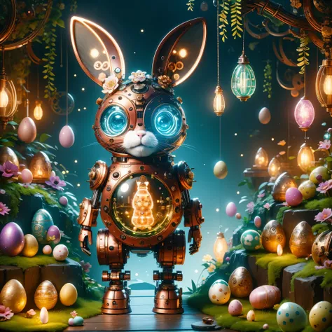 A cute mechanical puppy wearing an Easter style costume,Its body is made of exquisite copper and silver parts。Its eyes are like two glowing gems,transparent,Under the illumination of neon lights,Create a sparkling effect together with high-precision mechan...