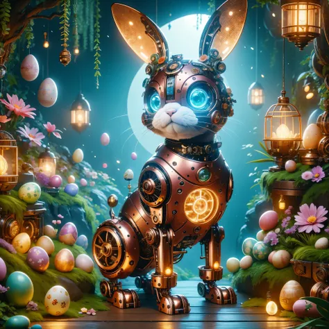 A cute mechanical puppy wearing an Easter style costume,Its body is made of exquisite copper and silver parts。Its eyes are like two glowing gems,transparent,Under the illumination of neon lights,Create a sparkling effect together with high-precision mechan...