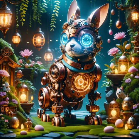 a cute mechanical puppy，its body is made of exquisite copper and silver parts。its eyes are like two glowing gems，transparent，und...