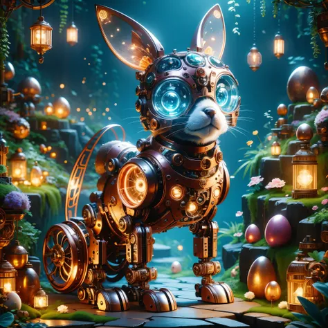 a cute mechanical puppy，its body is made of exquisite copper and silver parts。its eyes are like two glowing gems，transparent，und...