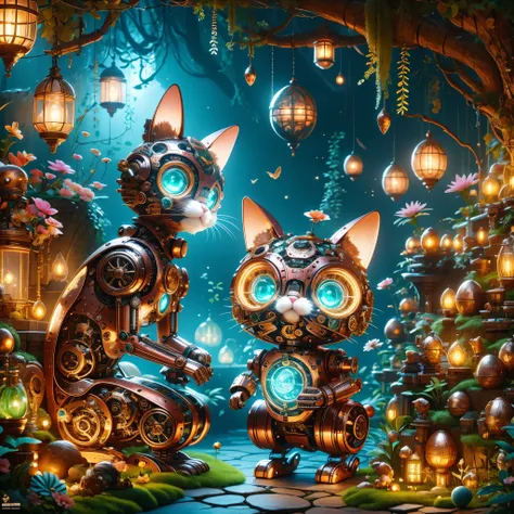 a cute mechanical kitten，its body is made of exquisite copper and silver parts。its eyes are like two glowing gems，transparent，un...