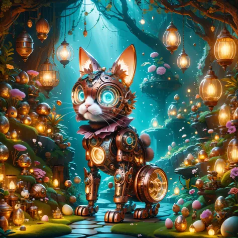 A cute mechanical kitten，Its body is made of exquisite copper and silver parts。Its eyes are like two glowing gems，transparent，Under the illumination of neon lights，Create a sparkling effect together with high-precision mechanical components。Surrounded by e...