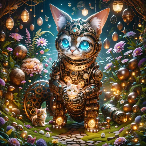 a cute mechanical kitten，its body is made of exquisite copper and silver parts。its eyes are like two glowing gems，transparent，un...