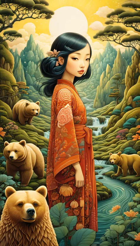 Magic mysterious fantastic landscape surreal girl and bear , Super detailed, James R.. ，draw beautiful digital illustrations， Written by Audrey Kawasaki, Written by Amy Sole, author：Naoto Hattori，Yayoi Kusama, ghibli studio，No Borders、detailed description、...