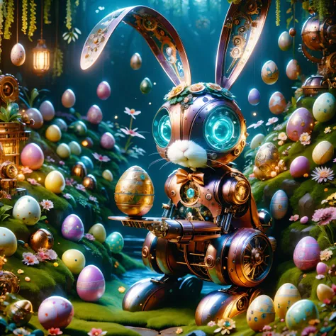(masterpiece, best quality:1.2), Easter style, A cute mechanical bunny dressed in Easter style, made of exquisite copper and silver parts with eyes like glowing gems, stands in a fantasy garden filled with steampunk Easter elements. The bunny holds an East...