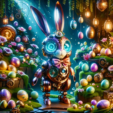 (masterpiece, best quality:1.2), Easter style, A cute mechanical bunny dressed in Easter style, made of exquisite copper and silver parts with eyes like glowing gems, stands in a fantasy garden filled with steampunk Easter elements. The bunny holds an East...