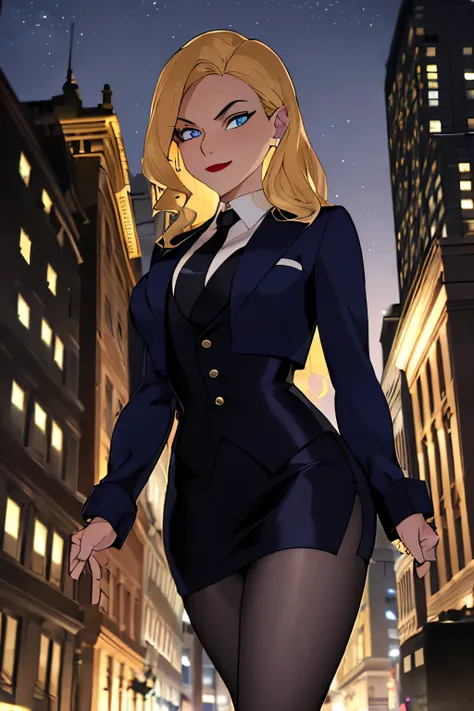 ((masterpiece,best quality)), absurdres,
black_canary_jlu, 
solo, smiling, looking at viewer, cowboy shot, 
night sky and city i...