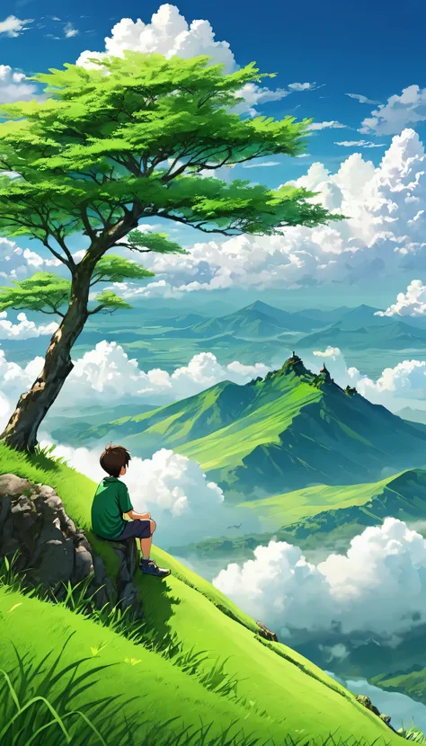 green grass mountain a boy sitting beside tree watching clouds high quality