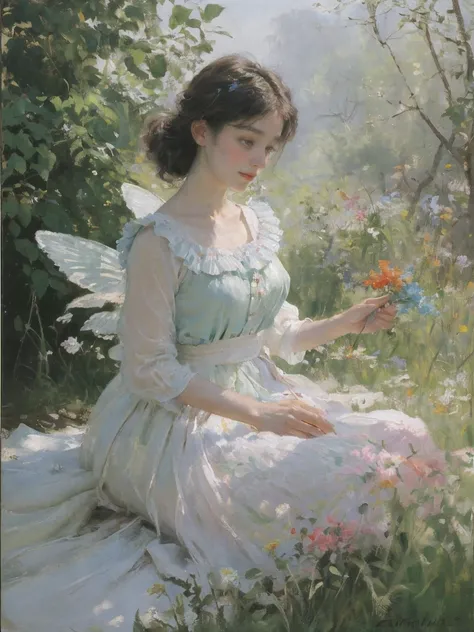 high quality, on the table, watercolor painting, Cleaning technology, rich and colorful, paint dripping、littered, Similar paintings by Agnes Cecil, vague, pale touch, dirty silhouette, just like a fairy tale, Beautiful woman made of flowers coloring, Expre...