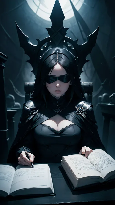 The woman poses ascetic, Holding a black book, reading a black book, has a thousand hands, bright white eyes, wears a blindfold, has a thronHD lighting and dark )<=(epic image quality)dark atmosphere with bright particle light(many effects in background