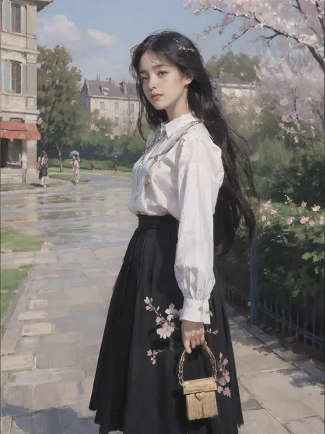 masterpiece, best quality,
1 girl, black skirt, branch, building, chain-link fence, Cherry blossoms, fence, long hair, Outdoor activities, petal, pleated skirt, rain, shirt, short sleeves, skirt, alone, Permanently installed, tree,
Sky,street