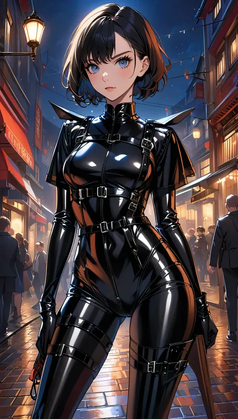 Very detailed, Very sharp, best quality, woman, Sophie Thatchers face, Black Knight latex set, Tall and thin body, harness, night, night street, lamp, very short black hairstyle, dark makeup, pauldron, leather case,