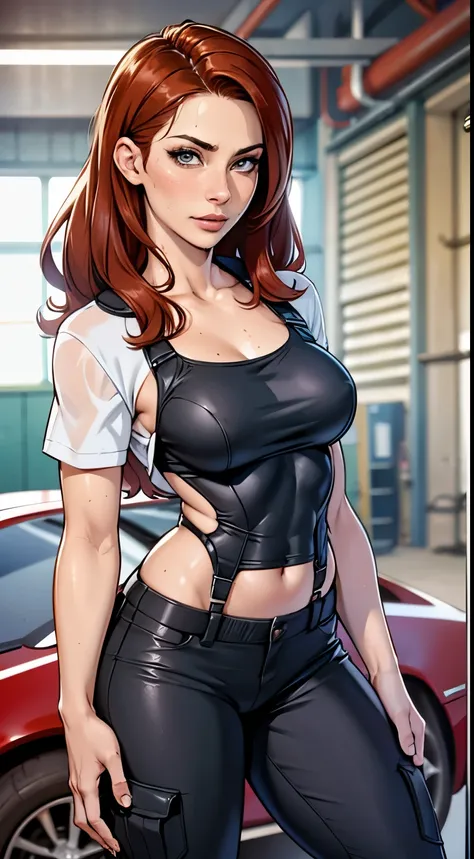 (detailed), beautiful woman, dark red hair, pale skin, wearing loose [black:dark blue:0.5] baggy racing cargo pants full [jumpsu...