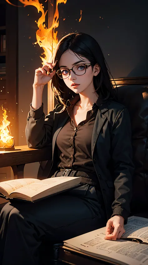 woman, sitting on a book, mathematical formulas, one pair of glasses, holding a fire rule, HD lighting and dark )<=(epic image quality)dark atmosphere with bright particle light(many effects in background, Background formula. 