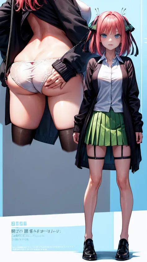 highest quality、one girl、15 years old、full body figure，big 、big tits perfect five fingered hands、Futano Nakano,shy face、perfect thing、big breasts、perfect arms、perfect legs、detailed description、small details、detailed face、white skin、Voluptuous legs、classroo...