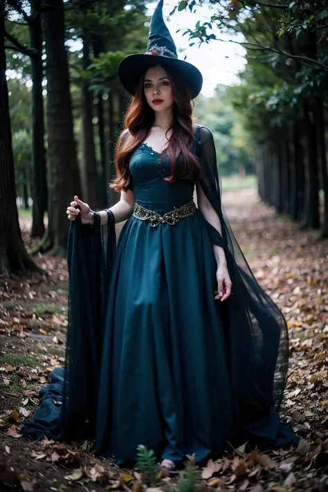 realistic, beautiful witch with red hair ,fantasy set, forest