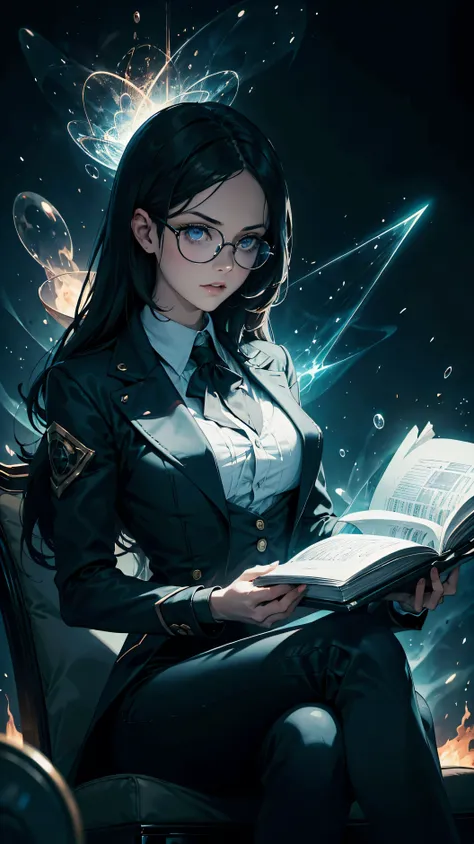 woman, sitting on a book, mathematical formulas, one pair of glasses, holding a fire rule, HD lighting and dark )<=(epic image quality)dark atmosphere with bright particle light(many effects in background, Background formula.